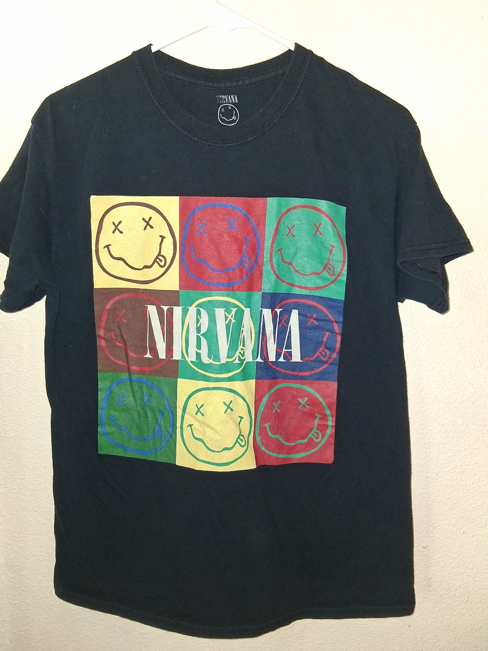 NIRVANA Black Tee with Multicolor Pop Art Smiley Grid Medium